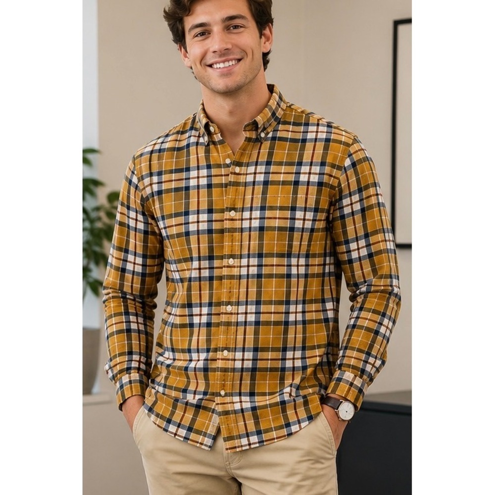 Aeropostale Mens Button Down Shirt Yellow Medium Plaid Preppy Casual